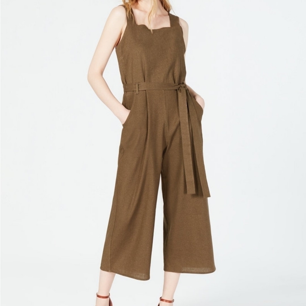 Monteau Black Linen Rayon Blend Tie-Waist V-Cutout Back Cropped Jumpsuit Size L - Picture 9 of 11
